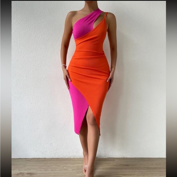 2 Tone One Shoulder Asymmetrical Bodycon Midi RIBBED Dress Orange Hot Pink - Picture 2 of 7